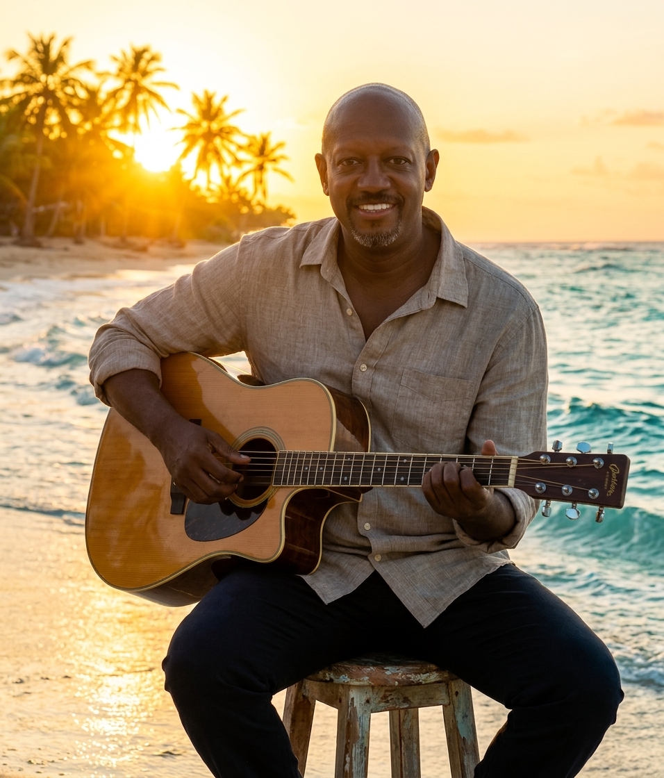 JamaicaBob playing guitar on a Caribbean beach at sunset